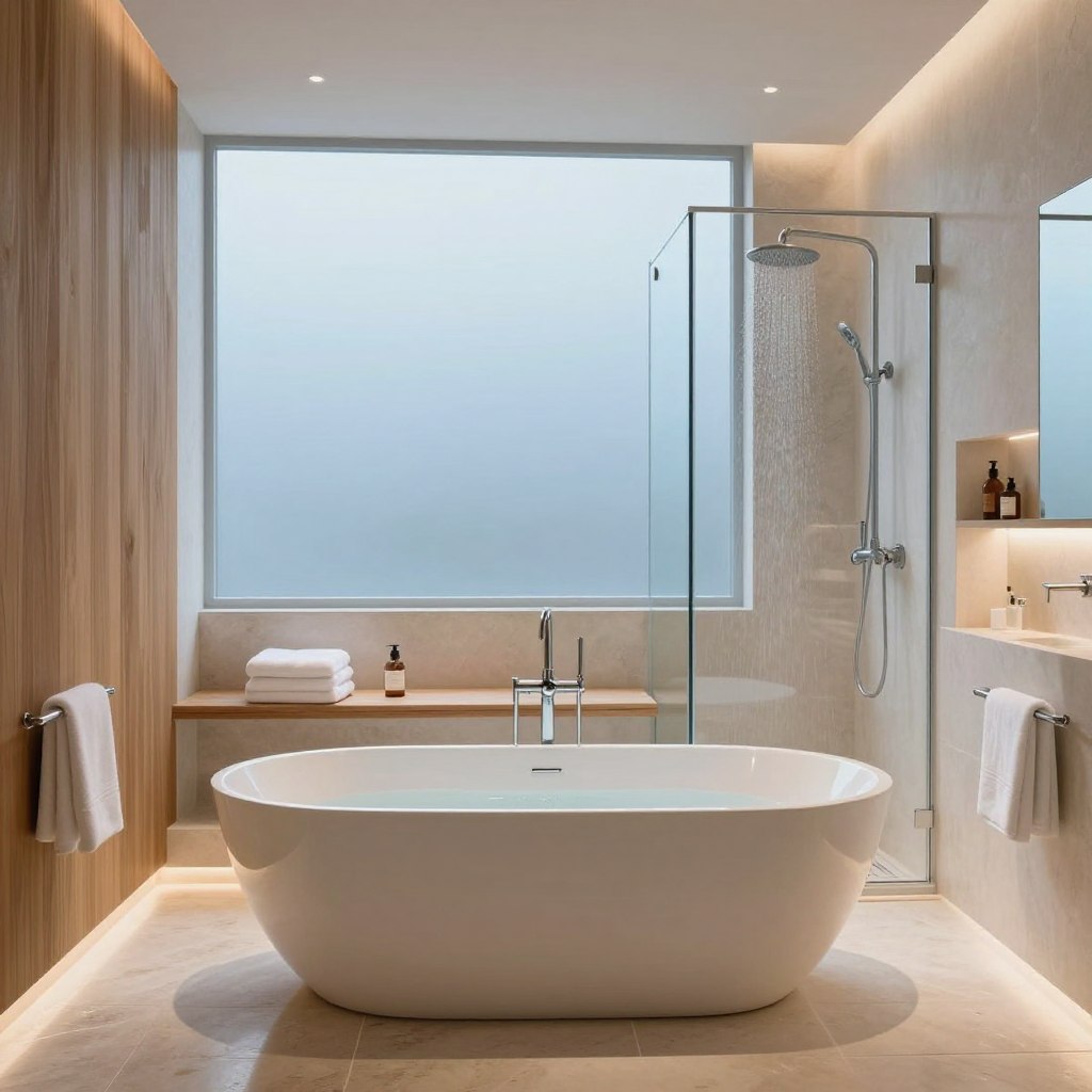 A luxurious high-end wet room design, showcasing a seamless spa experience. In the foreground, a sleek, freestanding soaking tub sits elegantly on polished stone tiles, surrounded by soft, ambient lighting that highlights its curves. The middle layer features a spacious walk-in shower with rain showerhead, framed by clear glass partitions adorned with minimalistic hardware. A built-in bench and niche shelves hold plush towels and spa essentials. In the background, large frosted windows allow natural light to filter through, enhancing the serene atmosphere. The color palette blends warm wood tones with calming blues and whites, creating a tranquil oasis. The overall mood is peaceful and inviting, perfect for relaxation and rejuvenation.