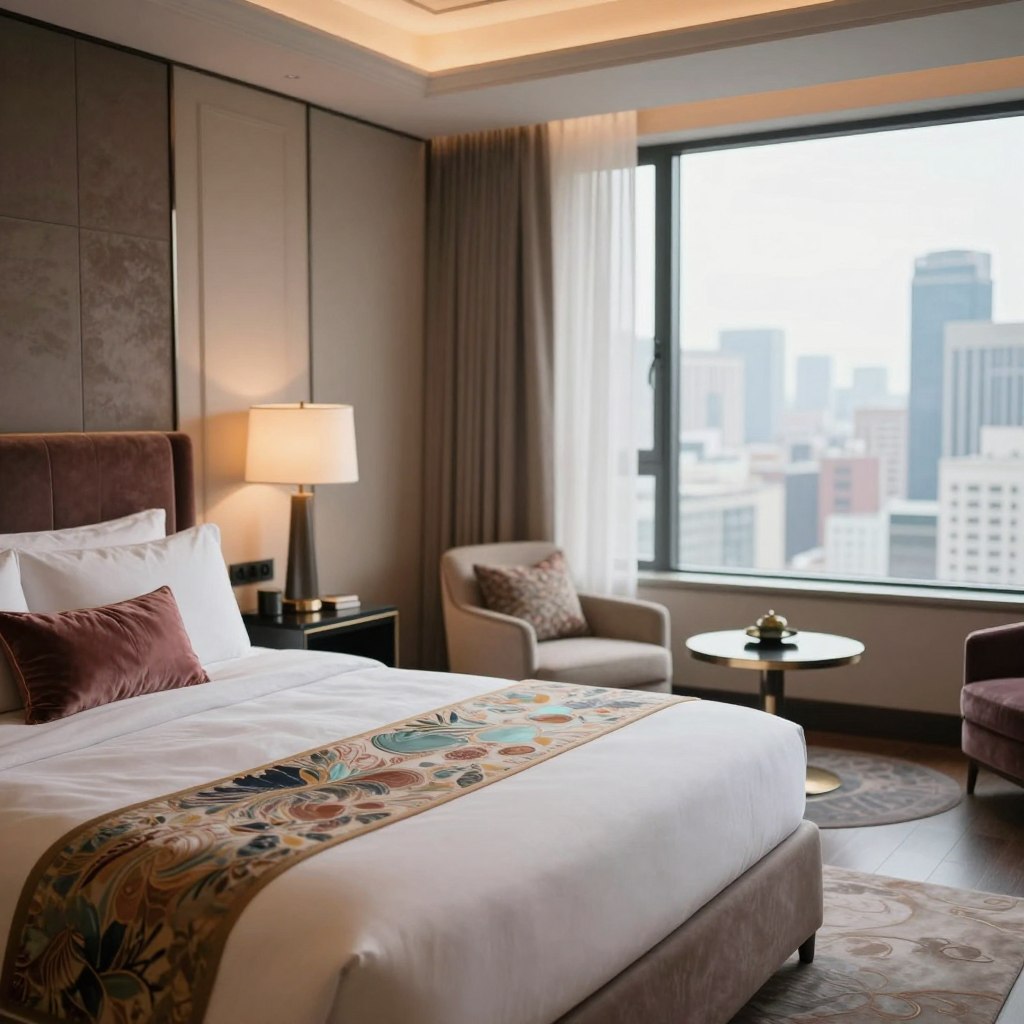 A luxurious hotel bedroom showcasing exquisite decor. In the foreground, a plush king-size bed adorned with opulent, hotel-quality white linens and a velvet upholstered headboard, paired with decorative throw pillows in rich jewel tones. Nearby, an elegant bedside table with a minimalist lamp casting a warm, soft light. In the middle, the room is accessorized with a stylish armchair and a chic area rug that adds texture. The background features large windows draped with sheer curtains, allowing natural light to fill the space, revealing a breathtaking city view. The atmosphere is serene and inviting, emphasizing relaxation and comfort, with a touch of sophistication reminiscent of an upscale boutique hotel. Use soft focus with a slight depth of field to enhance the luxurious ambiance.