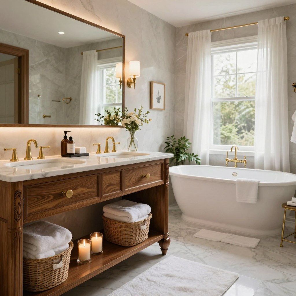 A luxurious master bathroom designed as a personal spa retreat, featuring an elegant custom double vanity with intricate woodwork and a polished marble countertop, accented by stylish brass fixtures. In the foreground, there are organized storage solutions, like open shelving and decorative baskets, showcasing plush towels and candles for a serene ambience. The middle features a spacious freestanding soaking tub accompanied by greenery and delicate decor. The background presents large windows allowing natural light to pour in, with sheer curtains fluttering gently. Soft ambient lighting highlights the textures and colors, creating a warm, inviting atmosphere. The overall mood is tranquil and sophisticated, emphasizing comfort and style in a spacious layout.