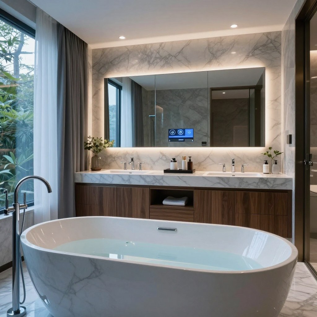 A luxurious master bathroom designed for a private home spa experience features sleek, modern aesthetics with high-end finishes. In the foreground, a freestanding marble soaking tub flows with ambient light reflecting off its polished surface, complemented by elegant chrome fixtures. The middle ground showcases a dual vanity with smart mirrors displaying customizable lighting and touch controls, set against rich wood cabinetry. The background reveals a large window with sheer drapes that softens the natural light, framing a serene view of lush greenery outside. Soothing blue and gray accents harmonize throughout the space, while recessed LED lighting enhances the tranquil atmosphere. The overall mood is one of sophistication and relaxation, inviting an immersive spa-like experience without any human figures present.