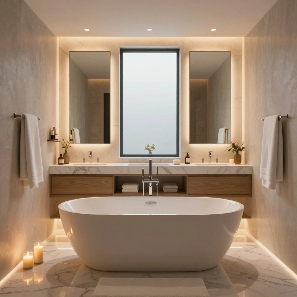 A luxurious master bathroom featuring a sophisticated layered ambient lighting scheme. In the foreground, a freestanding soaking tub with sleek lines sits atop elegant marble flooring, illuminated by soft, glowing LED lights embedded in the floor. The middle layer showcases dual vanities with modern fixtures, accented by stylish mirrors that reflect warm, diffused light from recessed ceiling fixtures. In the background, large frosted windows allow natural light to filter in, creating a tranquil atmosphere. The walls are adorned with textured materials in soft hues, merging elegance with comfort. A plush bath mat and carefully arranged candles add to the serene ambiance, while strategically placed light sources cast gentle shadows, enhancing the spa-like feel of the space. The overall mood is tranquil and inviting, perfect for relaxation and indulgence.