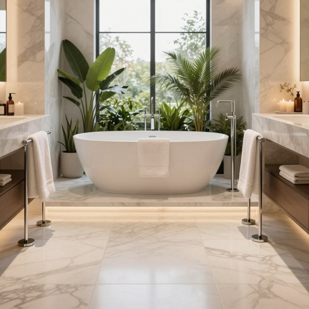 A luxurious master bathroom featuring radiant heated floors and elegant towel warmers integrated into a sleek design. In the foreground, spacious marble tiles glow softly in warm lighting, enhancing the feeling of comfort. The middle ground showcases a sophisticated freestanding bathtub surrounded by lush greenery, with plush towels elegantly draped over polished, contemporary towel warmers. The background reveals a large window allowing natural light to flood the space, illuminating the minimalist decor and tasteful accents. Soft, ambient lighting creates a serene atmosphere, and a carefully arranged selection of candles adds a touch of tranquility. The overall mood is one of relaxation and opulence, embodying a private home spa experience.