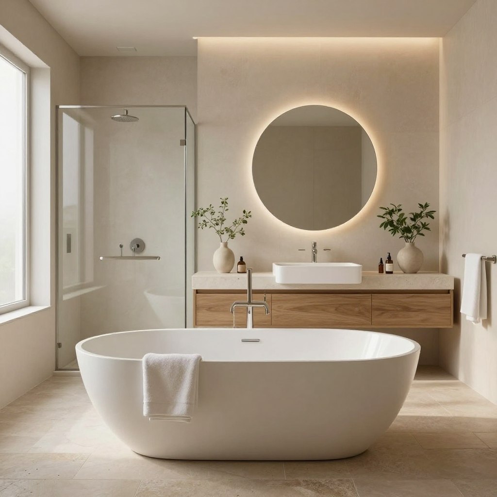A luxurious modern bathroom featuring warm neutral tones that evoke a sense of tranquility. In the foreground, a freestanding soaking tub elegantly placed on a textured stone floor, surrounded by plush, minimalist towels. In the middle, a sleek, custom vanity with a natural wood finish, a large round mirror reflecting soft, ambient lighting. Delicate greenery in ceramic pots adds a touch of nature. The background showcases a spacious walk-in shower with frosted glass, accentuating the seamless design. Soft, diffused natural light streams through a frosted window, creating a calm atmosphere. The overall mood is serene and inviting, perfect for a quiet luxury escape.