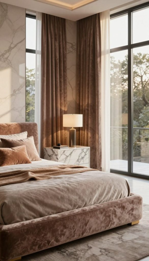 A luxurious modern bedroom featuring a harmonious blend of marble and velvet elements. In the foreground, a plush velvet bed adorned with an array of textured pillows in soft earth tones invites relaxation. Rich, patterned velvet drapes frame large, floor-to-ceiling windows that let in warm, golden sunlight, creating a cozy atmosphere. The middle ground showcases a sleek, minimalist nightstand made of polished marble with an elegant lamp casting a soft glow. The walls are dressed in a subtle marble finish, enhancing the refined aesthetic. In the background, a stylish area rug complements the color palette, while tasteful artwork adds a personal touch. The overall mood exudes sophistication, tranquility, and modern luxury, with a soft focus creating a dreamy ambiance.