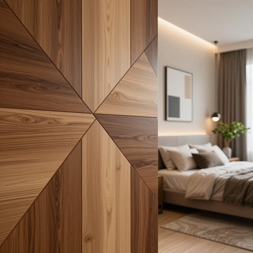 A luxurious modern wall panel design showcased in a contemporary bedroom setting. The foreground features elegant 3D wood panels with various finishes—rich walnut, distressed oak, and sleek birch—all artfully arranged in geometric patterns. The middle ground highlights a softly lit ambiance, with recessed lighting that accentuates the textures and grain of the wood. In the background, a plush bed dressed in neutral-toned linens provides a warm contrast, while decorative elements like minimalist art and subtle greenery enhance the space's sophistication. Capture the scene from a slight angle, using a lens that creates a shallow depth of field, emphasizing the intricate details of the wall panel design. The overall mood is serene and inviting, perfectly embodying modern luxury.