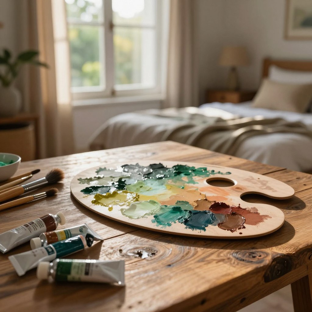 A luxurious paint palette inspired by earth tones, featuring rich, deep greens, warm browns, and soft neutrals, displayed artistically on a rustic wooden table. The foreground showcases elegant paint tubes and natural brushes, glistening with texture. In the middle ground, a beautifully arranged palette highlights lush color swatches that capture the essence of a serene environment. The background consists of a softly lit, cozy bedroom retreat, with organic materials like linen and bamboo, creating a warm, inviting atmosphere. The sunlight filters in through a large, airy window, illuminating the scene with a golden glow, evoking a sense of tranquility and connection to nature. The overall mood is serene and inspiring, ideal for a sustainable luxury aesthetic.