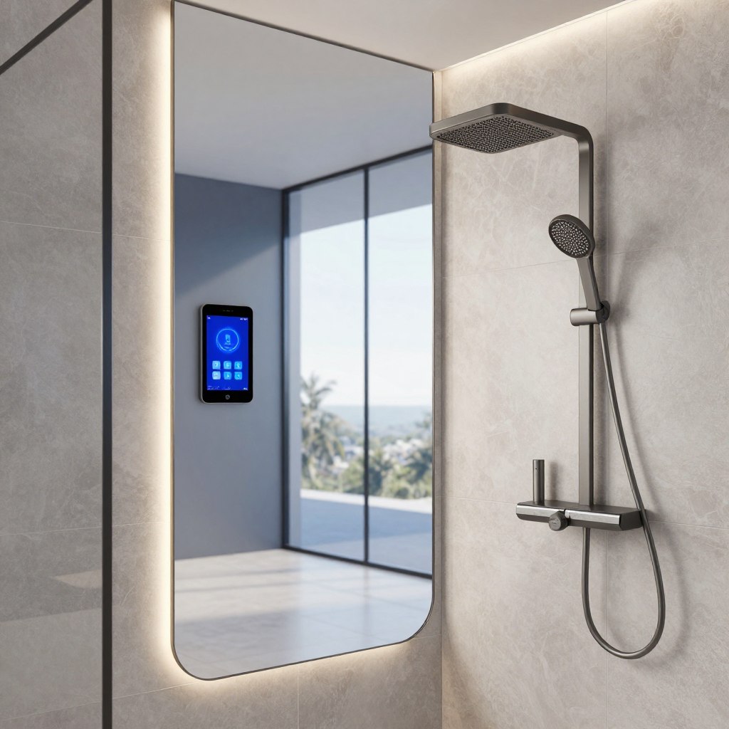 A luxurious smart technology wet room featuring sleek, modern fixtures and innovative gadgets. In the foreground, a high-end, minimalist shower system with digital controls is visible, surrounded by elegant tiles with a subtle texture that enhance the aesthetic. The middle ground showcases a large, curved mirror integrated with smart lighting and a touchscreen interface displaying customizable settings. In the background, expansive glass panels create an open feel, allowing natural light to flood the space while maintaining privacy. Soft, ambient lighting complements the cool color scheme, creating a tranquil atmosphere. The lens captures the scene from a slight angle, emphasizing depth and the seamless integration of technology within the sophisticated design. The overall mood is serene and modern, inviting relaxation and luxury.
