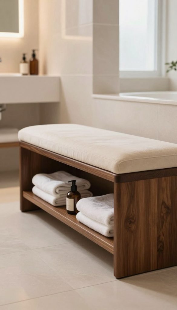 A luxurious storage bathroom bench, elegantly designed, featuring a smooth, dark wood finish and plush, light-colored upholstery on the top. The bench should have sleek side compartments, showcasing neatly arranged towels and bathroom essentials. The foreground captures the bench clearly, while in the middle ground, there is a beautifully tiled bathroom with soft ambient lighting that creates a warm and inviting atmosphere. The background includes subtle hints of a decorative plant and stylish toiletries to enhance the luxury feel. The scene is softly lit, emulating natural daylight filtering through a frosted window, creating a serene, peaceful mood perfect for a spa-like retreat. The angle showcases the bench’s functionality and elegance without any human subjects present.