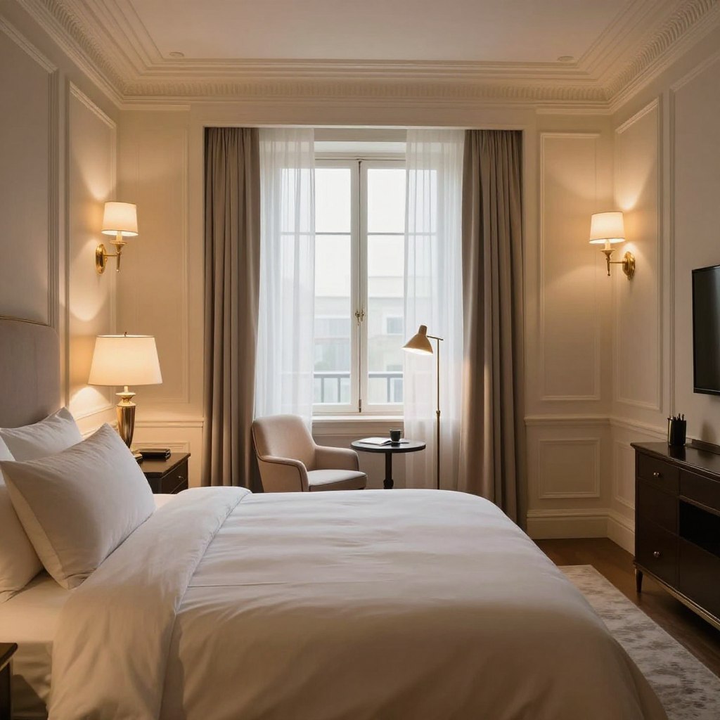 A luxurious upscale hotel bedroom illuminated by a harmonious blend of ambient, task, and accent lighting. In the foreground, a plush king-size bed with an elegant headboard, draped in soft, neutral-toned linens. On either side, stylish bedside tables showcase elegant lamps emitting soft, warm light. In the middle, a cozy reading nook with a designer chair and a floor lamp, creating a perfect task lighting zone. The background features a large window dressed with sheer curtains, allowing gentle, natural light to filter in, complemented by strategically placed wall sconces for accent lighting. The overall mood is serene and inviting, with a sophisticated color palette of cream, taupe, and gold, captured from a slightly angled viewpoint to emphasize depth and warmth.