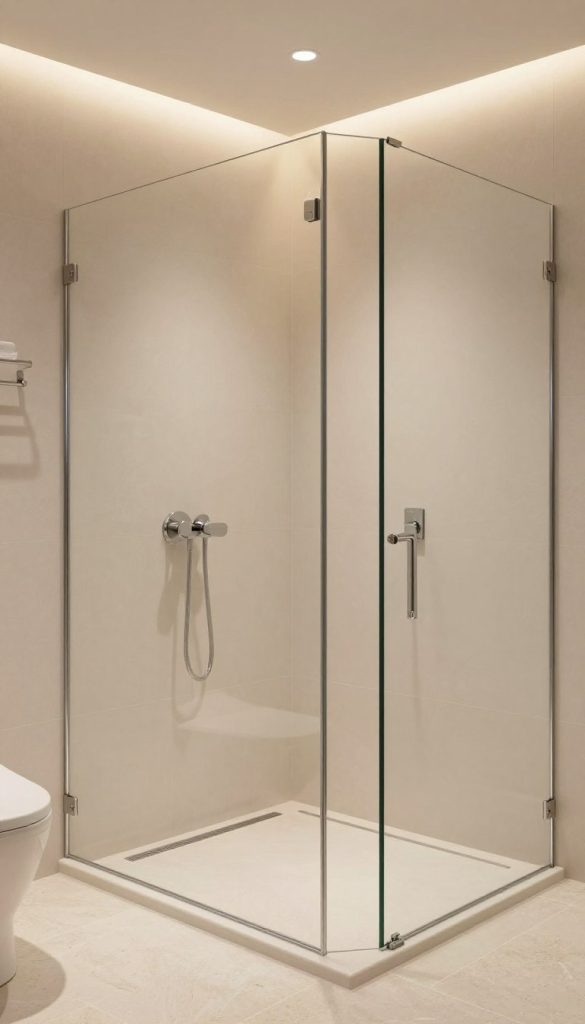 A luxurious walk-in wet room shower design featuring a sleek single glass barrier. The foreground showcases elegant floor tiles with a modern stone texture, seamlessly integrating with a gentle sloped floor leading to a discreet drainage system. In the middle ground, the frameless glass partition is crystal clear, emphasizing the spaciousness of the area. Subtle chrome fixtures are subtly integrated into minimalist wall-mounted controls. The background includes a soft, warm lighting effect from recessed ceiling lights, creating a tranquil and inviting atmosphere. The ambiance is calm, with a focus on sleek lines and a contemporary aesthetic. The overall scene conveys a high-end, spa-like experience, perfect for relaxation and refreshment.