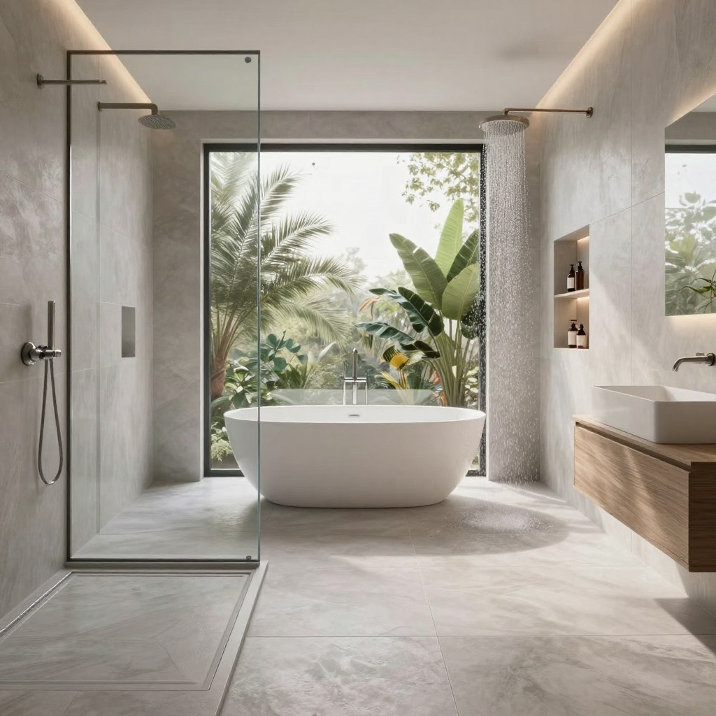 A luxurious wet room design showcasing a spacious, minimalist aesthetic. In the foreground, sleek, large-format porcelain tiles in soft gray hues seamlessly transition into a spacious shower area featuring a frameless glass partition. The middle ground features a freestanding soaking tub, elegantly placed under a large window that allows natural light to pour in, enhancing the serene atmosphere. Lush greenery is visible outside, creating an organic connection with nature. The background is adorned with modern fixtures, including a rainfall showerhead and minimalist built-in shelving for essential bath products. Soft, ambient lighting creates a warm and inviting mood, emphasizing the smooth textures and luxurious finishes, such as brushed nickel and marble accents. The overall composition exudes tranquility and sophistication, representing the pinnacle of high-end bathroom design in a contemporary setting.