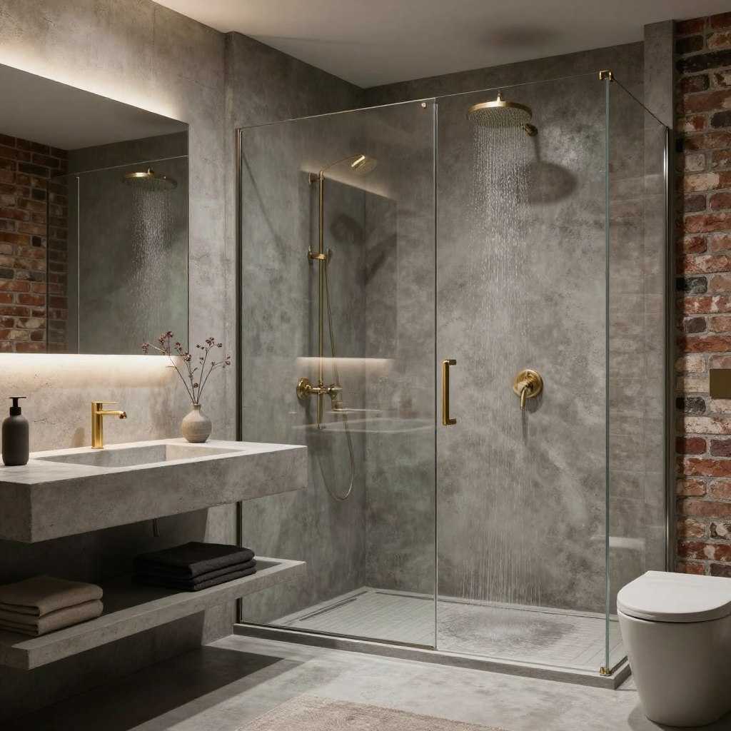 A luxurious wet room designed with industrial chic aesthetics, featuring a concrete canvas that exudes modern sophistication. In the foreground, a sleek, floating concrete vanity accented by brushed gold fixtures and minimalistic decor. The middle ground showcases a spacious, walk-in shower area enclosed with clear glass, revealing rainfall showerheads and natural stone accents. The background hints at exposed brick walls, creating a warm yet edgy atmosphere. Soft, diffused lighting casts a gentle glow, highlighting the textures and colors of the concrete and stone surfaces. The overall mood is tranquil and contemporary, inviting a sense of calm and elegance in a high-end living space.