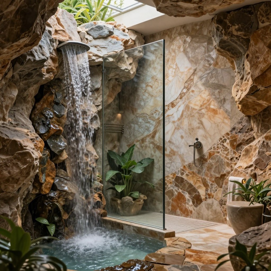 A luxurious wet room featuring a natural stone grotto, with walls adorned in various textures of rich, earthy stones like travertine and granite. The foreground showcases a beautifully crafted stone shower with cascading water that mimics a tranquil waterfall, surrounded by lush greenery peeking through rock formations. In the middle, a sleek, modern glass partition adds an elegant touch, reflecting soft ambient lighting that creates a warm and inviting atmosphere. The background is a subtle blend of natural light filtering in through skylights, illuminating the stone features and enhancing the serene environment. The overall mood is one of relaxation and luxury, perfect for an upscale bathroom design.