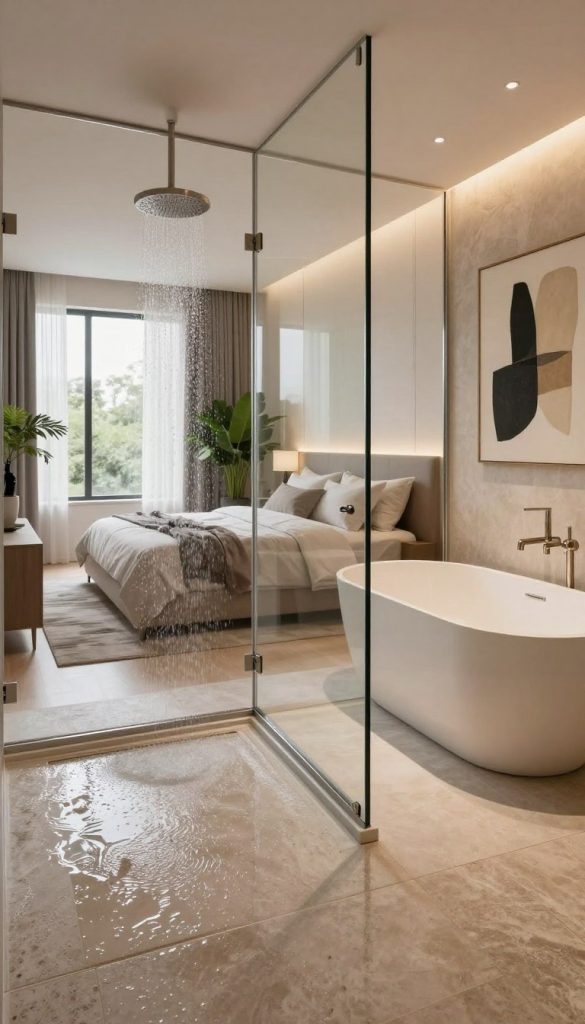 A luxurious wet room integrated into a modern stylish bedroom suite, featuring a spacious walk-in shower enclosed with sleek glass panels. The foreground showcases elegant stone tiles gleaming with moisture, complemented by minimalist fixtures in brushed nickel. In the middle, the walk-in shower boasts a rain showerhead and ambient LED lighting, while a large freestanding bathtub sits invitingly nearby. The background reveals a contemporary bedroom with a plush king-size bed dressed in soft linens, large windows letting in natural light, and elegant decor elements like abstract art and green potted plants. The atmosphere is serene and sophisticated, with warm, soft lighting creating an inviting retreat. Capture this scene with a wide-angle lens to emphasize the open-concept design, focusing on the seamless flow between the bedroom and wet room.