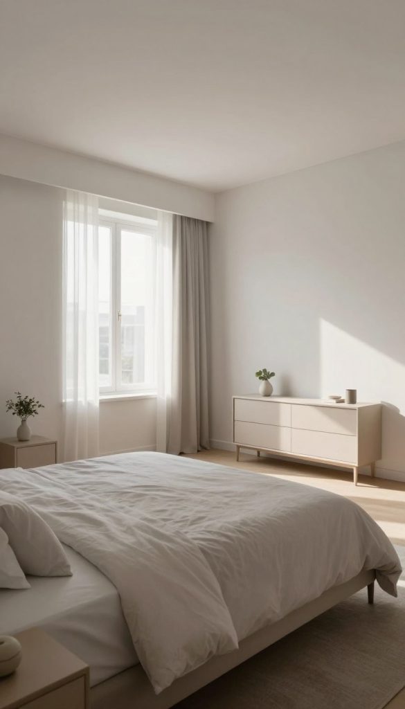 A minimalist apartment bedroom showcasing a spacious, clutter-free design. The foreground features a neatly made queen-sized bed with soft, neutral-colored linens, flanked by two simple, minimalist bedside tables with small, decorative plants. The middle ground includes a bright, airy window with sheer curtains allowing natural light to filter in, illuminating the room. Against one wall, a low-profile dresser with clean lines holds a few decorative items, emphasizing the uncluttered aesthetic. The background displays a soft, muted color palette of whites and light grays, enhancing the feeling of openness. The room has a calming atmosphere, with warm sunlight creating gentle shadows. Shot with a wide-angle lens to capture the entirety of the space from a low angle, exuding a serene and inviting vibe.