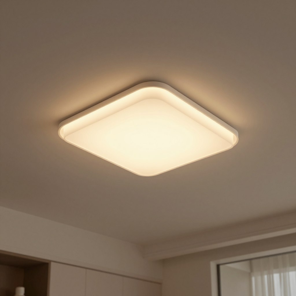 A minimalist interior space showcasing an invisible ceiling light fixture, seamlessly integrated into the ceiling. The fixture features soft, translucent panels that diffuse warm, ambient light, creating a serene atmosphere. In the foreground, the edges of the room are framed by sleek, modern furniture and subtle decorative elements. In the middle ground, the light source is subtly hidden, with the translucent panels casting an inviting glow that enhances the warm tones of the room. The background displays a neutral wall with elegant texture, complementing the overall harmony of the design. The lighting is soft, highlighting the gentle interplay of light and shadow, while the angle of view is slightly tilted upward, emphasizing the light fixture's unobtrusive elegance, inviting tranquility and comfort within a contemporary living space.