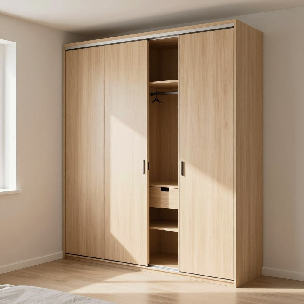 A minimalist sliding door wardrobe interior design in a small bedroom, featuring sleek, handle-less doors in a light wood finish. The wardrobe is positioned against a soft, neutral-colored wall, reflecting a tranquil, modern atmosphere. Built-in storage can be seen through partially open doors, displaying organized shelves and compartments for clothing and accessories. Warm, natural lighting filters through a nearby window, casting gentle shadows and highlighting the clean lines of the design. The angle of the image is slightly tilted from above, emphasizing the spaciousness of the room while showcasing the wardrobe's functionality. The overall mood is serene and uncluttered, perfect for maximizing space in minimalist interior decor.