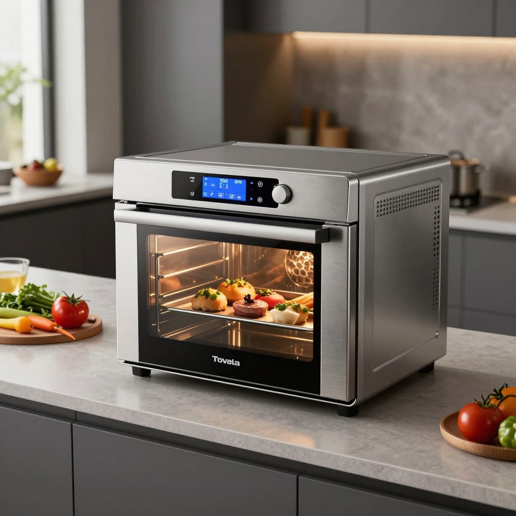 A modern Tovala Smart Oven prominently displayed on a sleek kitchen counter. In the foreground, the oven's polished stainless steel surface gleams under soft ambient lighting, with a digital touchscreen interface glowing vividly, showcasing its smart features. The middle ground reveals a variety of meal options neatly arranged, like fresh vegetables and ingredients ready for cooking, emphasizing the oven's versatility. In the background, a stylish kitchen environment complements the scene, featuring contemporary cabinetry and subtle hints of natural light filtering through a nearby window. The overall atmosphere conveys a sense of advanced technology blended with modern culinary convenience. The camera angle is slightly elevated, offering a comprehensive view of the oven and surrounding kitchen elements, creating an inviting and innovative feel.