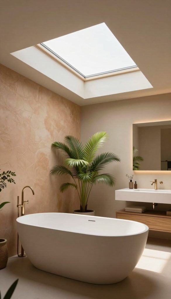 A modern bathroom featuring a large, elegant vented skylight. The foreground showcases a sleek, minimalist bathtub positioned beneath the skylight, with natural light streaming in, creating a warm, inviting atmosphere. In the middle ground, beautifully textured walls in soft earth tones complement the space, while decorative plants flourish in the natural light, adding a touch of greenery. The background features a well-organized vanity with stylish fixtures, keeping the focus on the skylight. The lighting is bright yet soft, illuminating the room with a tranquil ambiance. Capture the scene from a slightly elevated angle, emphasizing the open space and ventilation offered by the skylight, enhancing the feeling of airiness and optimal moisture control.