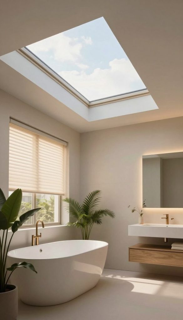 A modern bathroom featuring skylights with integrated blinds, allowing soft, filtered natural light to flow in while ensuring privacy. The scene captures the sleek design of the skylights, showcasing their elegant frame and the gently opened blinds casting soft shadows across a bright, minimalist bathroom. In the foreground, a stylish freestanding bathtub reflects the light, surrounded by potted plants for a touch of greenery. The mid-ground highlights a contemporary vanity with clean lines and brushed metal fixtures. The background presents a serene view of the sky through the skylights, suggesting a tranquil atmosphere. The overall mood is calm and inviting, with warm tones and soft lighting that enhance the feeling of spaciousness and serenity, accentuated by a wide-angle lens perspective.
