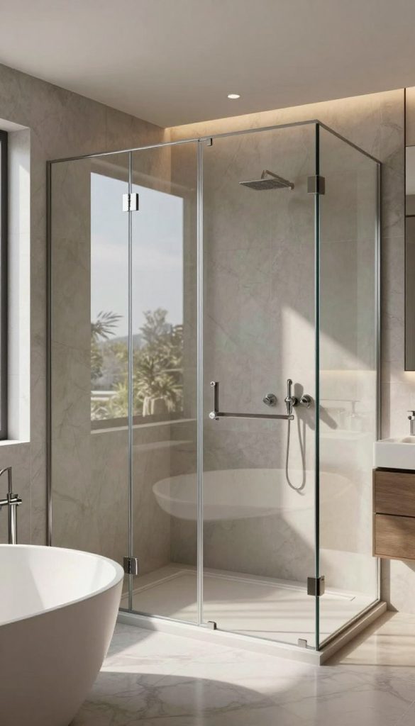 A modern bathroom featuring stunning floor-to-ceiling frameless glass shower doors, allowing natural light to flood the space. The shower doors display a sleek, minimalist design with polished edges and a slight reflection, emphasizing the clarity of the glass. In the foreground, a luxurious freestanding soaking tub is partially visible, framed by elegant gray marble tiles. The middle section reveals the expansive glass panels, creating an open and airy feel, seamlessly merging the shower area with the overall bathroom. Soft, diffused daylight illuminates the entire scene, casting gentle shadows that enhance the serene atmosphere. The background displays a tasteful arrangement of modern bathroom fixtures and muted earth-toned decor, adding warmth without distraction. The focus remains on the elegant design of the shower doors, reflecting a seamless and chic look ideal for a contemporary space.