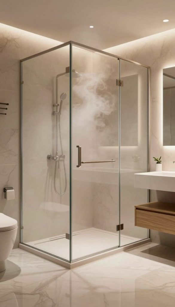A modern bathroom interior featuring a frameless steam shower seamlessly integrated into a sleek design. The foreground showcases polished marble tiles that reflect soft, ambient lighting. In the middle, a glass enclosure for the steam shower, with frosted and clear panels, allows a view of minimalist fixtures inside. The background consists of elegant wall-mounted fixtures and a floating vanity with clean lines, all accented by natural wood tones. Soft, diffused lighting creates a warm and inviting atmosphere, enhancing the modern aesthetic. The lens perspective is slightly tilted downward, offering a comprehensive view of the entire space while maintaining a focus on the seamless integration of the steam shower design. The mood is tranquil and luxurious, perfect for relaxation.