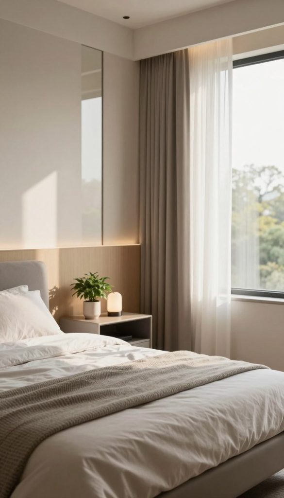 A modern bedroom design featuring sleek, minimalist furniture arranged for optimal natural light flow. The foreground showcases a cozy bed with soft, neutral bedding and a textured throw. The midsection includes a stylish nightstand with a small potted plant and a decorative lamp, positioned near a large window draped with sheer curtains that let in soft, diffused sunlight. In the background, a light-colored accent wall and strategically placed mirrors amplify the luminosity of the space. The room's atmosphere exudes serenity and sophistication, highlighted by warm, inviting tones and natural materials like wood and textiles. Capture this scene with a soft focus lens, emphasizing the inviting glow of natural light, and utilize a wide-angle perspective to create a sense of spaciousness and tranquility.