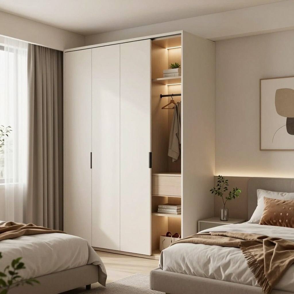 A modern bedroom featuring narrow wardrobe designs optimized for compact spaces. In the foreground, showcase a sleek, minimalist wardrobe with sliding doors, highlighting smart storage solutions like pull-out shelves and integrated lighting. The middle ground displays a thoughtfully arranged bedroom with soft neutral colors, a cozy bed with plush bedding, and decorative accents like indoor plants and abstract art. In the background, soft natural light filters through sheer curtains, creating a warm and inviting atmosphere. The focus should be on the wardrobe design, which exemplifies functionality and elegance, seamlessly fitting into the tight bedroom layout without overcrowding the space. Aim for a clean, contemporary aesthetic with a serene mood.