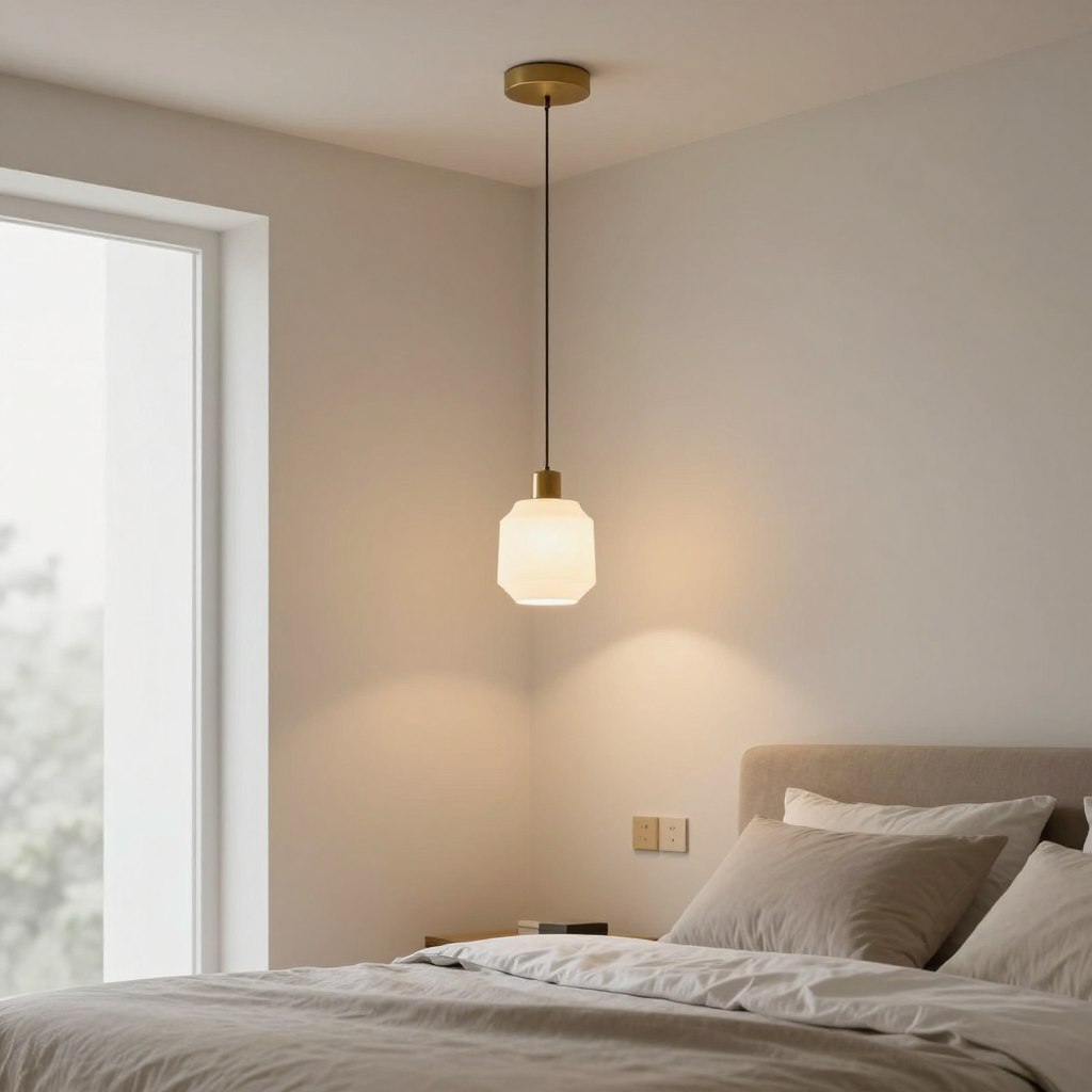 A modern bedroom showcasing a stylish pendant light and wall sconces combination. In the foreground, a sleek pendant light with a geometric design hangs gracefully from a minimalist ceiling, casting soft, warm light. To the side, elegant wall sconces with a brass finish complement the pendant, illuminating the space with a gentle glow. The room features a light-colored accent wall and plush bedding, evoking a serene atmosphere. Natural light filters in through a large window, enhancing the cozy vibe of the room. The lens captures a wide angle, emphasizing the harmonious placement of both lighting fixtures. Overall, the composition conveys design flexibility, blending contemporary styles seamlessly.