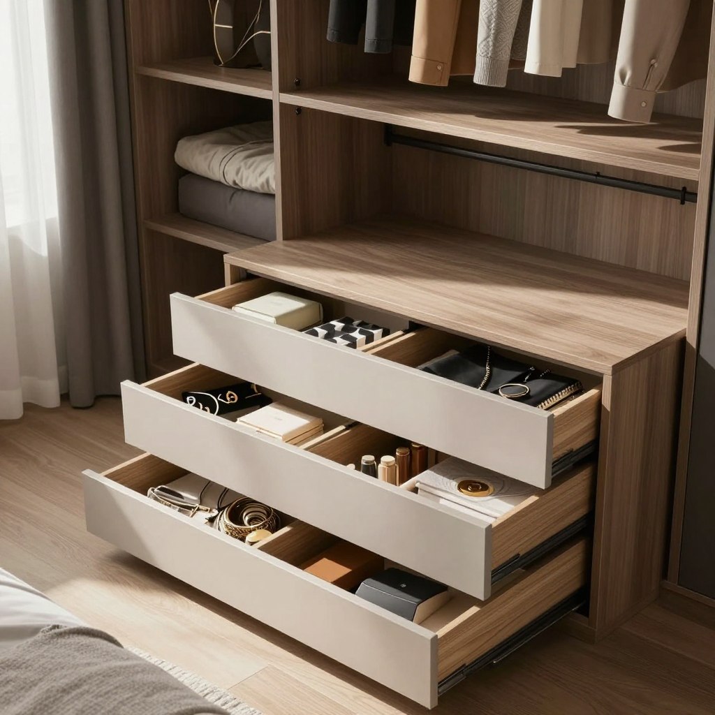 A modern built-in closet layout showcasing innovative custom drawer configurations for optimal organization. The foreground features a variety of sleek, minimalist drawer designs, displaying neatly organized accessories and clothing. In the middle, the closet presents a functional arrangement of upper shelves and hanging space, emphasizing efficient use of compact space. The backdrop illustrates a stylish bedroom environment with soft, natural lighting filtering through a nearby window, casting gentle shadows that enhance the textures of the wood and fabric. The overall mood is serene and organized, evoking a sense of order and tranquility in the compact space. The scene is captured from a slightly elevated angle, offering a comprehensive view of the storage solutions without any people visible in the image.