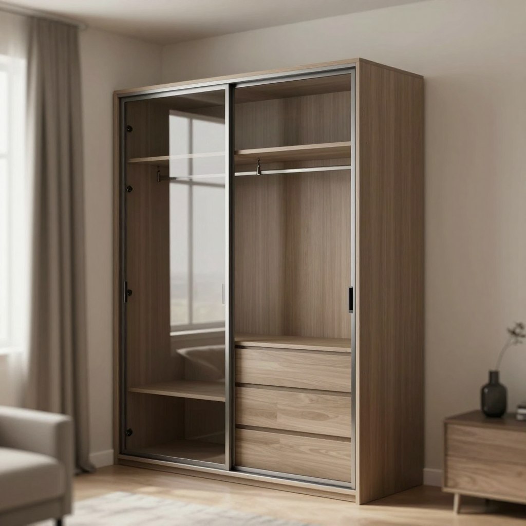 A modern corner sliding door wardrobe design showcasing a sleek, minimalist aesthetic. The wardrobe features smooth glass sliding doors framed in brushed aluminum, reflecting the light and creating a sense of spaciousness. In the foreground, details of the wardrobe's internal compartments—shelves, hanging space, and drawers—are visible, hinting at functional storage solutions. The middle ground captures the wardrobe positioned elegantly in a cozy bedroom corner, surrounded by soft, muted colors. The background includes a soft-focus view of a softly lit room with neutral-toned walls and warm, natural lighting pouring in from a nearby window. The atmosphere is tranquil and organized, emphasizing the wardrobe's role in maximizing space while maintaining a stylish, contemporary look.