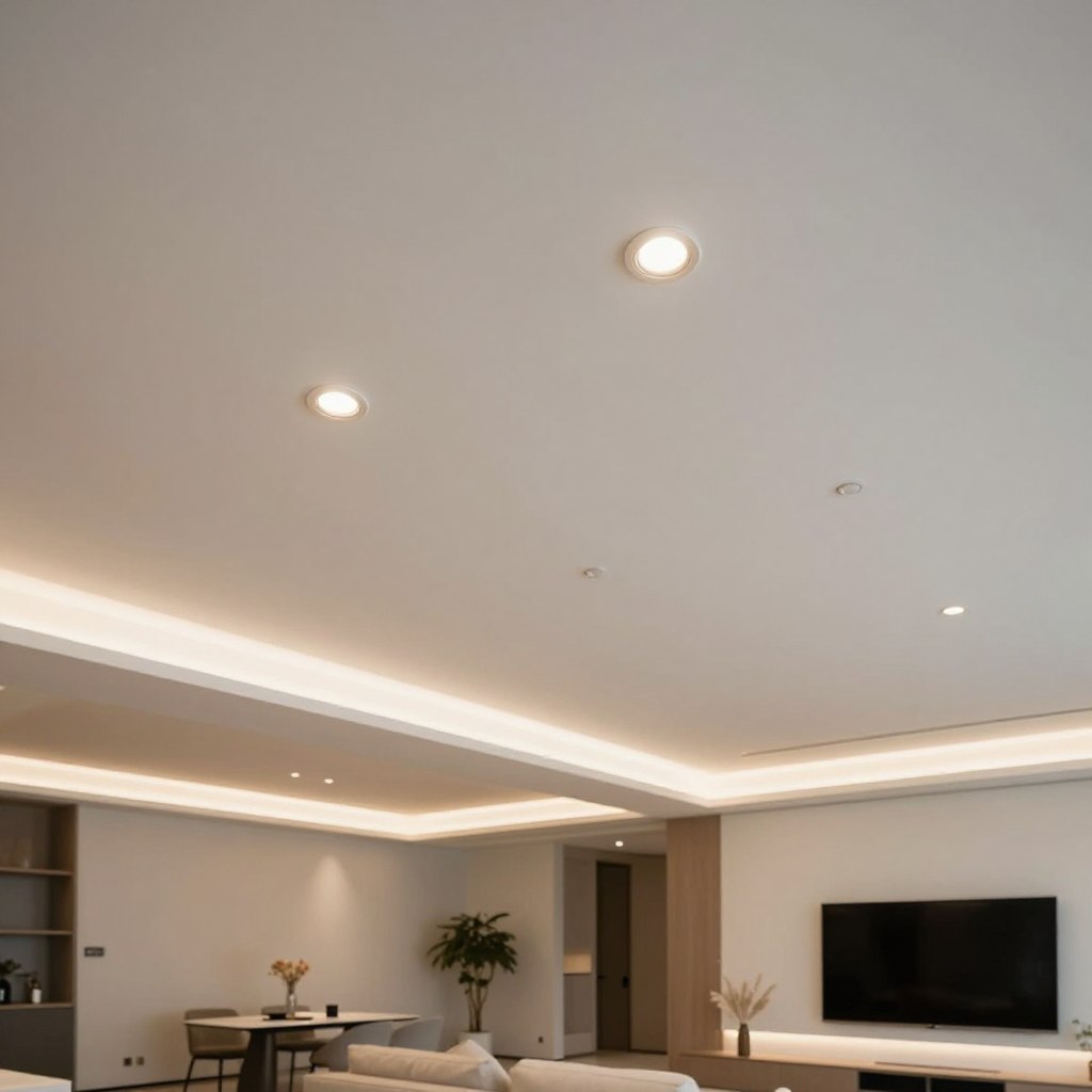 A modern home interior showcasing the installation of recessed LED ceiling fixtures, focusing on sleek, minimalist design. The foreground features close-up views of the fixtures being embedded into a ceiling with a clean, white finish. In the middle ground, soft ambient lighting emanates from the fixtures, casting a warm glow, highlighting the architectural details of the room. The background reveals a spacious living area with contemporary furniture and elegant decor, illuminated by the hidden LED lights, creating a dramatic effect on the ceiling's surface. Use a wide-angle lens perspective to capture the entire ambiance, emphasizing the innovative lighting design and serene atmosphere.