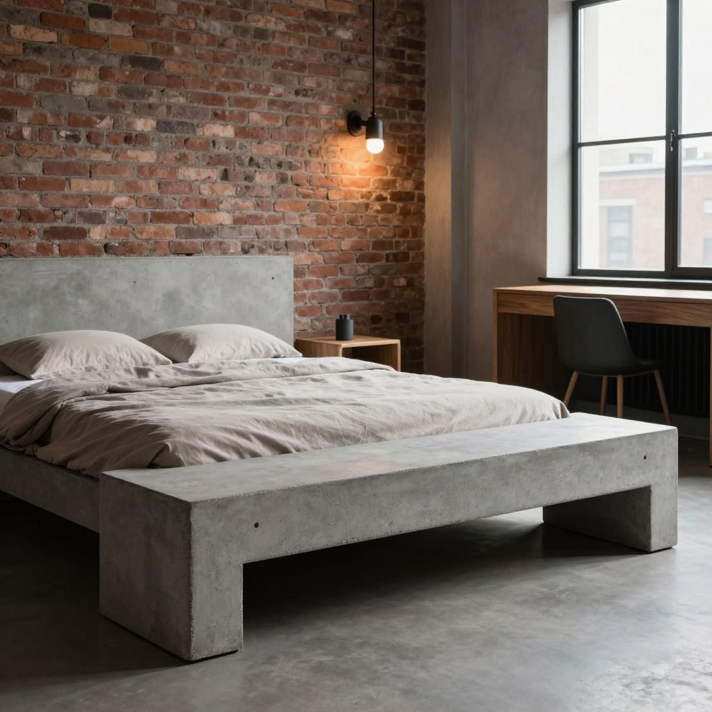 A modern industrial bedroom featuring striking concrete furniture, including a minimalist bed frame, a unique bedside table, and a stylish desk. The foreground showcases the textured surface of the concrete pieces, highlighting their clean lines and contemporary design. The middle ground includes a cozy bedding setup with neutral-toned linens contrasting against the cold concrete. In the background, exposed brick walls reveal a warm, earthy hue, with industrial-style lighting fixtures casting a soft, ambient glow. Large windows allow natural light to flood the room, enhancing the atmosphere of urban sophistication. The overall mood is chic and modern, evoking a sense of calm and creativity within a stylish industrial space. Use a wide-angle lens to capture the entirety of the room, focusing on the aesthetic balance between wood accents and concrete elements.