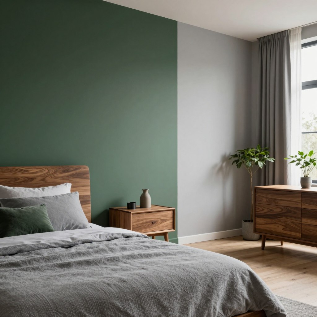 A modern interior showcasing a bedroom with a striking two-tone wall design, featuring a rich forest green contrasted against a soft light gray. In the foreground, a plush bed with textured gray bedding complements the color scheme. The middle ground features elegant wooden furniture, such as a nightstand and a dresser, all crafted with contemporary lines. The background reveals a large window with sheer curtains, allowing soft, natural light to flood the room, enhancing the serene atmosphere. Subtle greenery, like potted plants, adds a touch of nature to the scene. The lighting is warm and inviting, capturing the essence of a contemporary nature-inspired design. The overall mood is calming and sophisticated, perfect for a unique bedroom sanctuary.