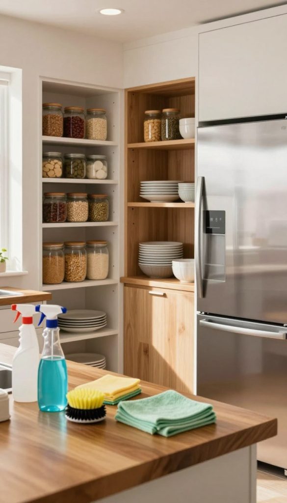 A modern kitchen scene featuring an organized pantry, refrigerator, and cabinets, each meticulously arranged for deep-cleaning. In the foreground, a polished wooden countertop displays cleaning supplies like bottles of disinfectant, scrub brushes, and microfiber cloths. The middle section showcases an inviting, well-stocked pantry with glass jars filled with grains and spices, and a light wood cabinet with neatly stacked plates and bowls. In the background, a gleaming stainless-steel refrigerator, reflecting the soft natural light streaming from a nearby window. The lighting is soft and warm, creating a clean, fresh atmosphere. The camera angle is at eye level, giving a sense of spaciousness and tranquility within the kitchen. The overall mood is clean, organized, and inviting, perfect for a guide on deep cleaning and sanitizing kitchen spaces.