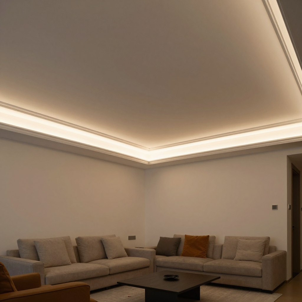 A modern living room featuring embedded LED strips elegantly integrated into crown molding along the ceiling. The ceiling is high and adorned with decorative trim, creating a sophisticated atmosphere. The LED lights emit a soft, warm glow that illuminates the space, casting gentle shadows and highlighting the textures of the crown molding. In the foreground, stylish furniture is arranged invitingly, while the walls are painted in a soft, neutral color to enhance the ambient lighting. The scene is captured with a wide-angle lens, providing a sense of depth, and is lit with subtle, diffused illumination to create a cozy and inviting mood, perfect for relaxation. The overall ambiance exudes tranquility and modern elegance.