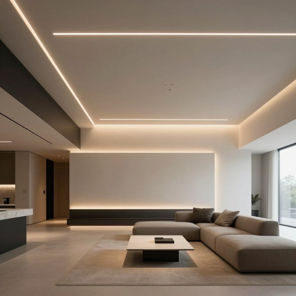 A modern living space featuring sleek hidden lighting with linear LED channels seamlessly integrated into the ceiling design. The foreground showcases a stylish, streamlined interior with minimalist furniture—perhaps a low-profile sofa in muted tones and a coffee table with clean lines. The middle layer highlights the soft, ambient glow emitted from the discreet LED channels, casting warm light across the room, enhancing the contemporary feel. The background reveals a spacious, open layout, with large windows allowing natural light to compliment the artificial illumination. The atmosphere should evoke a sense of tranquility and sophistication, with smooth lines and a balanced color palette. Use a wide-angle lens to capture the entire scene, emphasizing the harmonious blend of light and design without any people present.