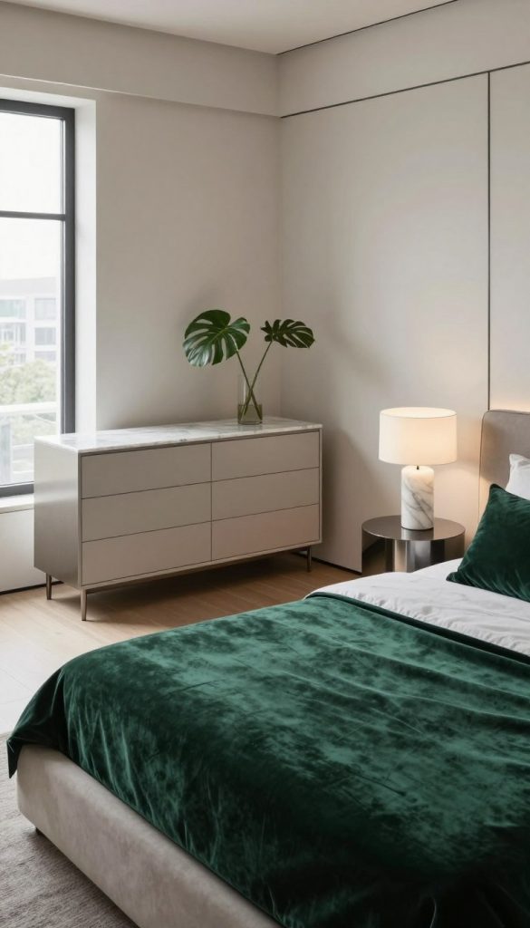 A modern luxurious bedroom featuring a minimalist design with clean lines. The foreground showcases a plush velvet bedspread in deep emerald green, flanked by sleek, metallic side tables. A contemporary marble lamp casts a soft glow over the setup. The middle ground includes a simple yet elegant dresser with a polished marble top, adorned with a single green plant for a touch of nature. In the background, large windows allow natural light to flood the room, highlighting the neutral-toned walls and wooden flooring. The atmosphere is serene and sophisticated, evoking a sense of calm luxury. Soft diffused lighting enhances the textures of the velvet and marble, creating a cozy yet upscale ambiance. Angle the shot slightly from above to capture the full layout and the character of the space.