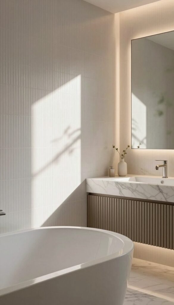 A modern luxury bathroom featuring elegant fluted and ribbed surfaces. The foreground includes a sophisticated bathtub with a sleek, minimalist design, adorned with subtle textured tiles. In the middle, textured walls create a dynamic interplay of light and shadow, showcasing the fluted pattern in soft daylight that enhances the luxurious feel. A polished marble countertop complements the intricate surface details, reflecting the opulence of the setting. The background features ambient, warm lighting that creates a serene atmosphere, with soft-focus greenery visible through a frosted glass window. The scene is captured from a mid-angle perspective, emphasizing depth and elegance while maintaining a calming color palette of soft whites and muted earth tones for a sophisticated feel.