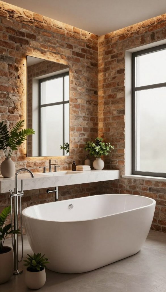 A modern luxury bathroom featuring striking exposed brick accents. The foreground showcases a sleek freestanding bathtub with elegant chrome fixtures, surrounded by subtle greenery in minimalistic pots. The middle layer highlights stunning exposed brick walls, providing a warm and rustic contrast to contemporary elements like a floating vanity and high-end mirror. In the background, soft ambient lighting casts a golden glow, enhancing the textures of the brick and the polished surfaces. Large frosted windows allow natural light to filter in, adding an airy atmosphere. The color palette includes neutral tones with splashes of greenery, creating a sophisticated and inviting mood, perfect for relaxation and rejuvenation. The composition captures the harmonious blend of rustic charm and modern luxury in bathroom design.
