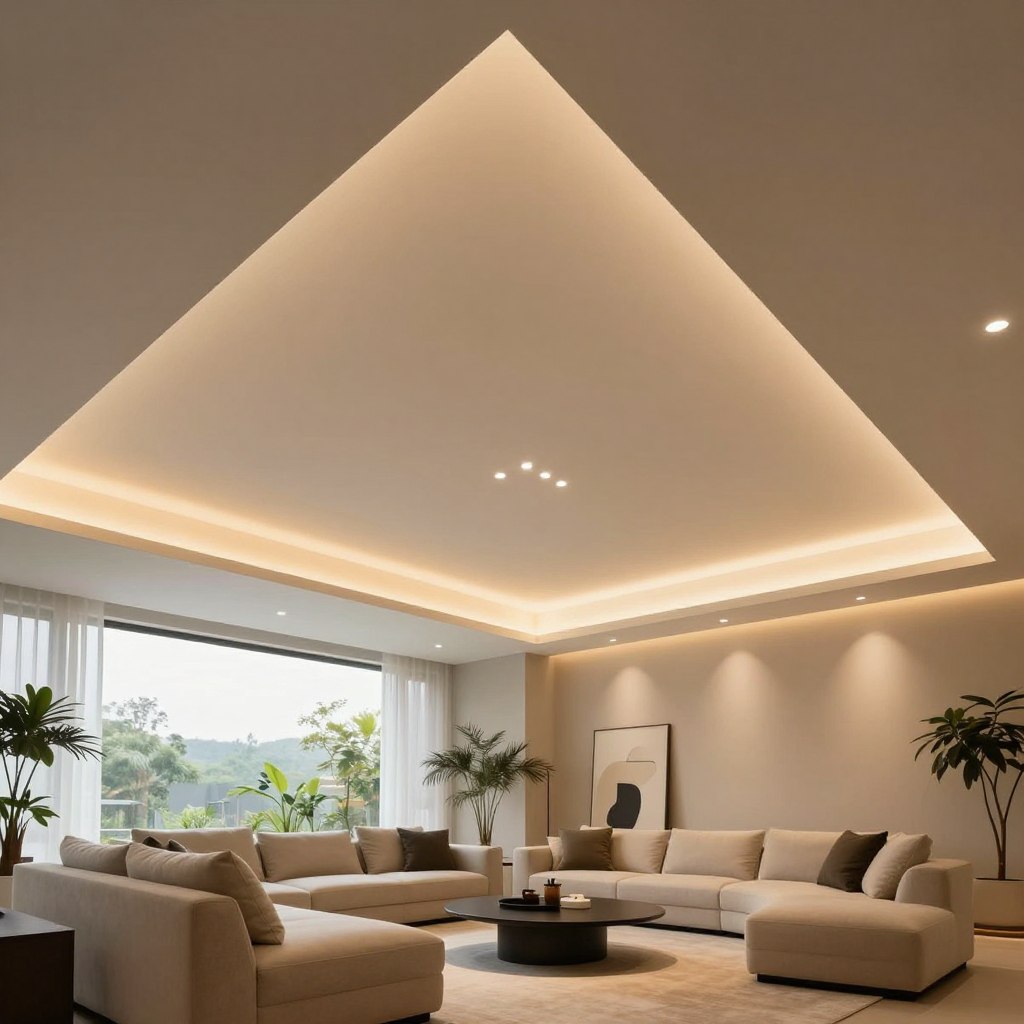 A modern open-concept living space showcasing a built-in LED ceiling lighting system. The foreground features sleek, minimalist furniture with soft textures in a neutral color palette. The middle ground highlights the unique ceiling design with integrated LED strips emitting a warm, ambient glow, enhancing the room's spacious feel. The ceiling features geometric patterns and smooth finishes. In the background, large windows allow natural light to filter softly, blending with the warm artificial light. The room is styled with decorative plants and contemporary art, creating a serene and inviting atmosphere. The lighting is evenly distributed, casting gentle shadows and enhancing the architectural beauty of the space. Shot from a low angle to emphasize the ceiling design while capturing the sense of openness and tranquility.