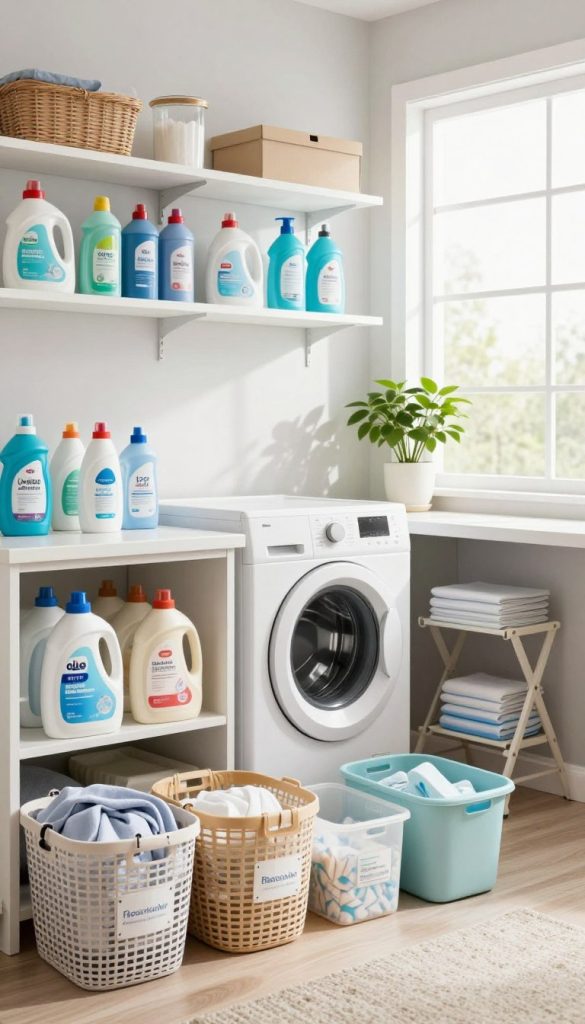 A modern, organized laundry room featuring neatly arranged shelves filled with various cleaning supplies and fresh laundry baskets. In the foreground, there are well-organized storage bins labeled with categories such as detergents, fabric softeners, and dryer sheets. In the middle, a stylish washing machine and dryer set is flanked by a folding station with a clean, crisp countertop. The background reveals bright, airy windows allowing natural light to flood the room, illuminating a potted plant for a touch of greenery. The atmosphere is calm and efficient, evoking a sense of order and cleanliness, captured with soft, natural lighting from the windows. The scene is shot in a slight angle to highlight all the organized elements harmoniously.