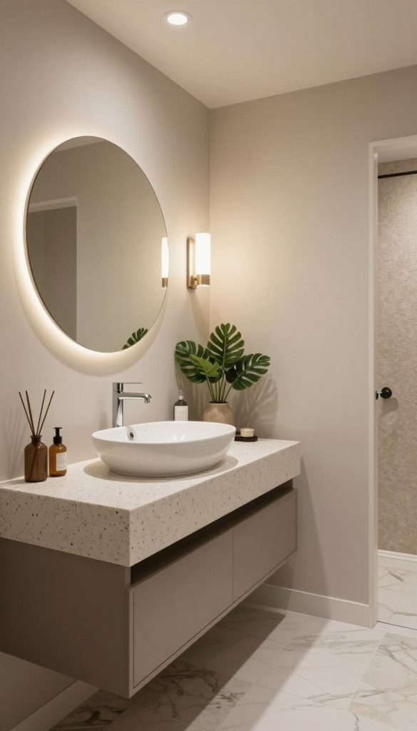 A modern powder room featuring sleek, minimalist design elements. The foreground showcases a stylish floating vanity with a quartz countertop and a circular mirror above it, reflecting soft ambient lighting. In the middle, there's a contemporary vessel sink and elegant chrome faucet, alongside tasteful decorative plants adding a touch of green. The walls are painted in calming neutral tones with artistic tile accents on the floor, complemented by modern sconces casting a warm glow. The background includes a subtle glimpse of textured wallpaper that enhances the inviting atmosphere. The composition is shot with a wide-angle lens to capture the cozy yet sophisticated layout, creating a serene and stylish ambiance perfect for a powder room.