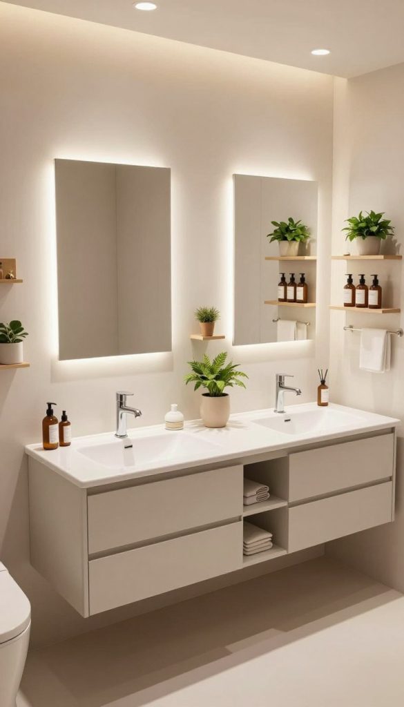 A modern shared bathroom design featuring a sleek double vanity with minimalist cabinetry and ample smart storage solutions to eliminate clutter. The foreground showcases a stylish countertop with organized compartments, reflecting a clutter-free environment. In the middle, elegant mirrors with integrated lighting illuminate the space, enhancing the open feel. The background displays carefully arranged wall-mounted shelves filled with neatly stored toiletries and lush green plants for a touch of tranquility. The scene is bathed in soft, warm lighting, creating an inviting atmosphere, while the use of light, neutral colors promotes a sense of spaciousness. Capture this design from a slightly elevated angle, focused on the harmonious balance between functionality and aesthetics. The overall mood is serene and organized, ideal for a shared bathroom setting.