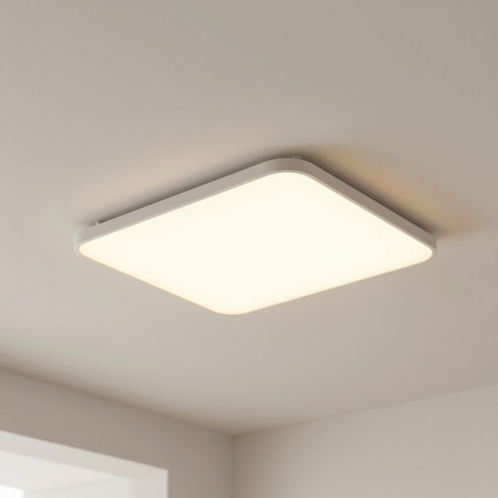 A modern, sleek flush mount LED light panel seamlessly integrated into a pristine white ceiling. The panel features a soft, diffused glow, creating a warm and inviting ambiance in a contemporary living space. In the background, light-colored walls and minimalistic decor highlight the subtle elegance of the light fixture. A gentle beam of light casts soft shadows, emphasizing the panel's subtle design. The scene is captured from a slightly tilted angle, providing depth and perspective, with a focus on the flush mount's smooth edges. The overall mood evokes tranquility and sophistication, perfect for showcasing hidden lighting solutions in home interiors.