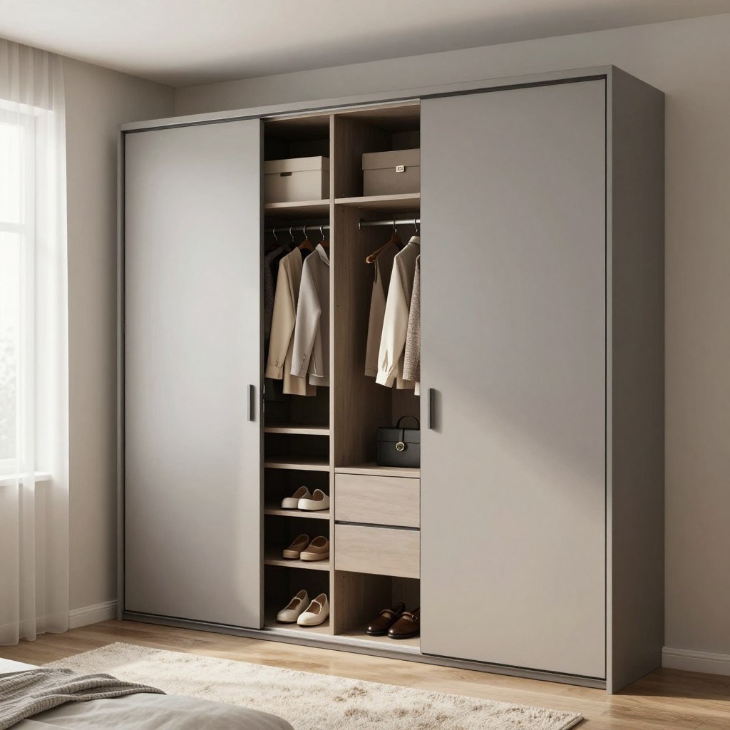A modern sliding door wardrobe design in a small bedroom setting, featuring sleek matte finish doors in a soft grey hue. The wardrobe's interior layout is beautifully organized, showcasing various compartments for clothes, shoes, and accessories, with built-in shelves, hanging rods, and drawers. Soft, diffused natural light filters through a nearby window, creating a warm, inviting atmosphere. The floor is adorned with a plush rug, complementing the wardrobe’s contemporary style. The camera angle is slightly above eye level, allowing for a clear view of both the exterior and the neatly organized interior. The overall mood reflects elegance and functionality, capturing the essence of smart storage solutions suitable for a compact living space.