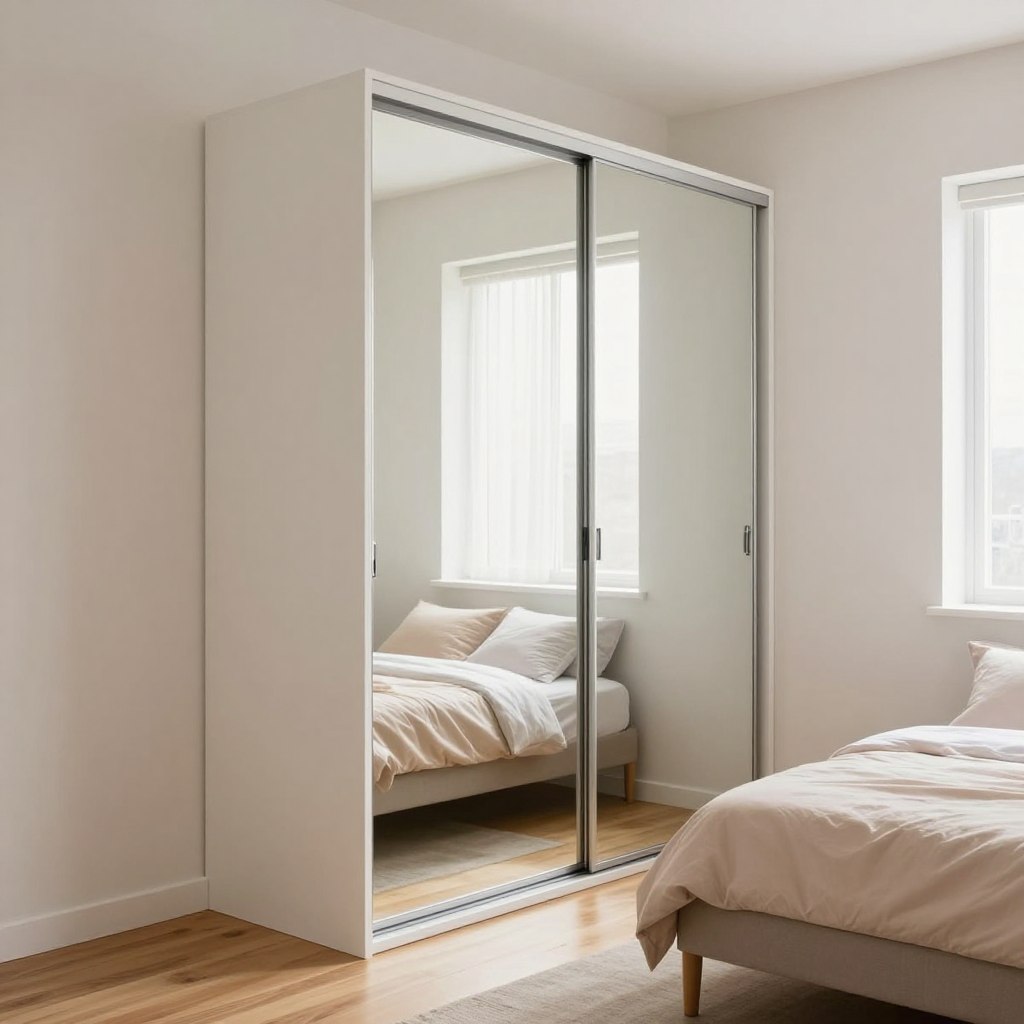 A modern small bedroom featuring a sliding door wardrobe with a sleek mirrored finish. The wardrobe occupies one side of the room, its reflection catching the soft light streaming in from a nearby window, enhancing the feeling of space. The walls are painted in a light, neutral color, and the floor is a warm wood tone. A cozy bed is positioned against the opposite wall, adorned with minimalistic bedding in soft pastels. The lighting is bright, with natural light creating a fresh and airy atmosphere. The angle captures the wardrobe from a slight diagonal view, allowing for a full depiction of its reflective surface and the inviting ambiance of the room. The scene emphasizes functionality and elegance, ideal for maximizing both light and space.