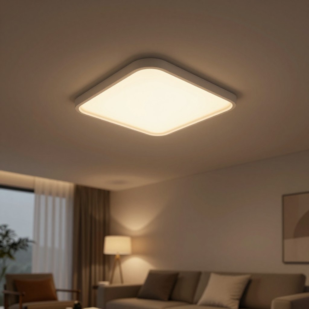 A modern, smart hidden LED ceiling light elegantly embedded into a sleek, minimalist ceiling. The light is showcased emitting a soft, warm glow, with adjustable brightness and a spectrum of colors, creating a calming ambiance. The foreground features the LED fixture subtly blending with the ceiling, highlighting its innovative design. In the middle ground, a softly lit room is visible, adorned with contemporary furniture, emphasizing a cozy atmosphere. The background showcases modern decor elements and smooth wall textures that enhance the lighting effect. The overall mood is serene and inviting, with gentle, diffused lighting casting soft shadows. The camera angle is slightly tilted upwards for an artistic perspective, capturing the essence of modern ambient lighting technology.