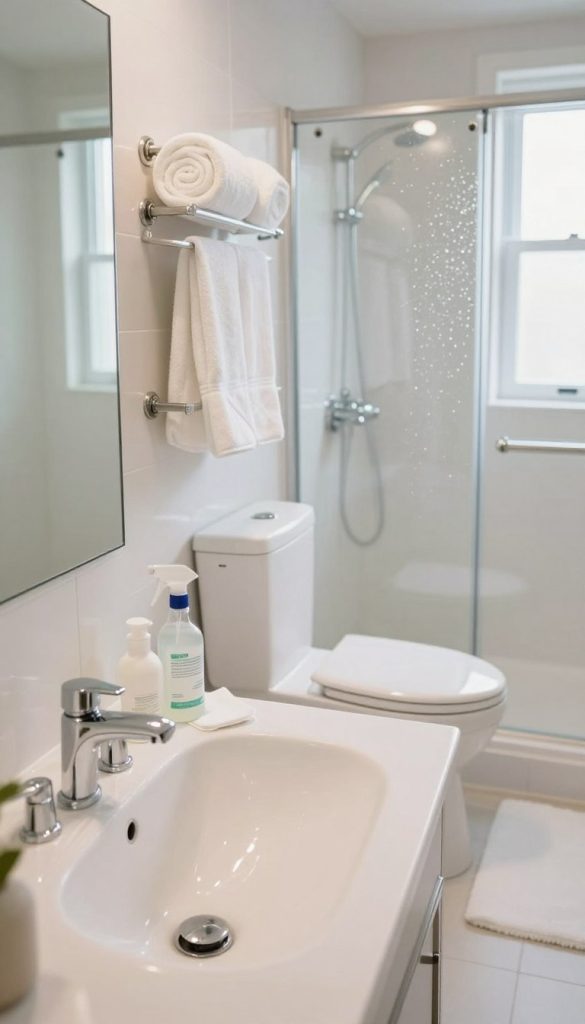 A pristine bathroom scene centered on thorough cleaning. In the foreground, a sparkling, clean sink with shiny chrome fixtures reflects natural light. Bright white towels roll neatly on a towel rack beside a beautifully organized vanity with eco-friendly cleaning supplies, like a spray bottle and cloths. In the middle ground, a well-scrubbed toilet gleams, accompanied by a plush bathmat. The spacious shower area features glass doors splashed with minimal water droplets, highlighting cleanliness. The background showcases a large mirror framed in white, enhancing the sense of brightness. Soft, warm lighting creates a welcoming and refreshing atmosphere, emphasizing an air of cleanliness and order. No people are present in this serene environment, allowing the cleanliness to take center stage.