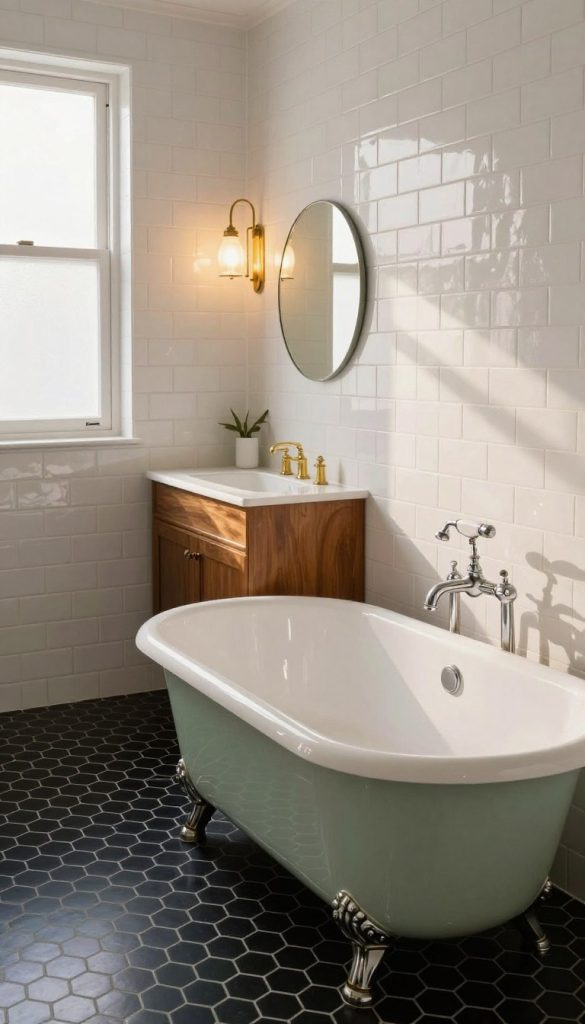 A retro bathroom design featuring classic subway tiles in a glossy white finish, creating an elegant wainscoting effect on the walls. The floor is adorned with black hexagonal tiles, arranged in a striking pattern that contrasts beautifully with the walls. In the foreground, a vintage freestanding tub in a soft pastel shade sits gracefully, complemented by a classic chrome faucet. The middle ground showcases a wooden vanity with brass fixtures and a circular mirror above it, reflecting warm ambient light. In the background, a frosted window diffuses natural sunlight, casting a soft glow throughout the space. The overall mood conveys timeless elegance and nostalgia, with a clean yet inviting atmosphere reminiscent of mid-20th-century style. The image is well-lit, captured at a slightly angled perspective to emphasize the design elements and layout.